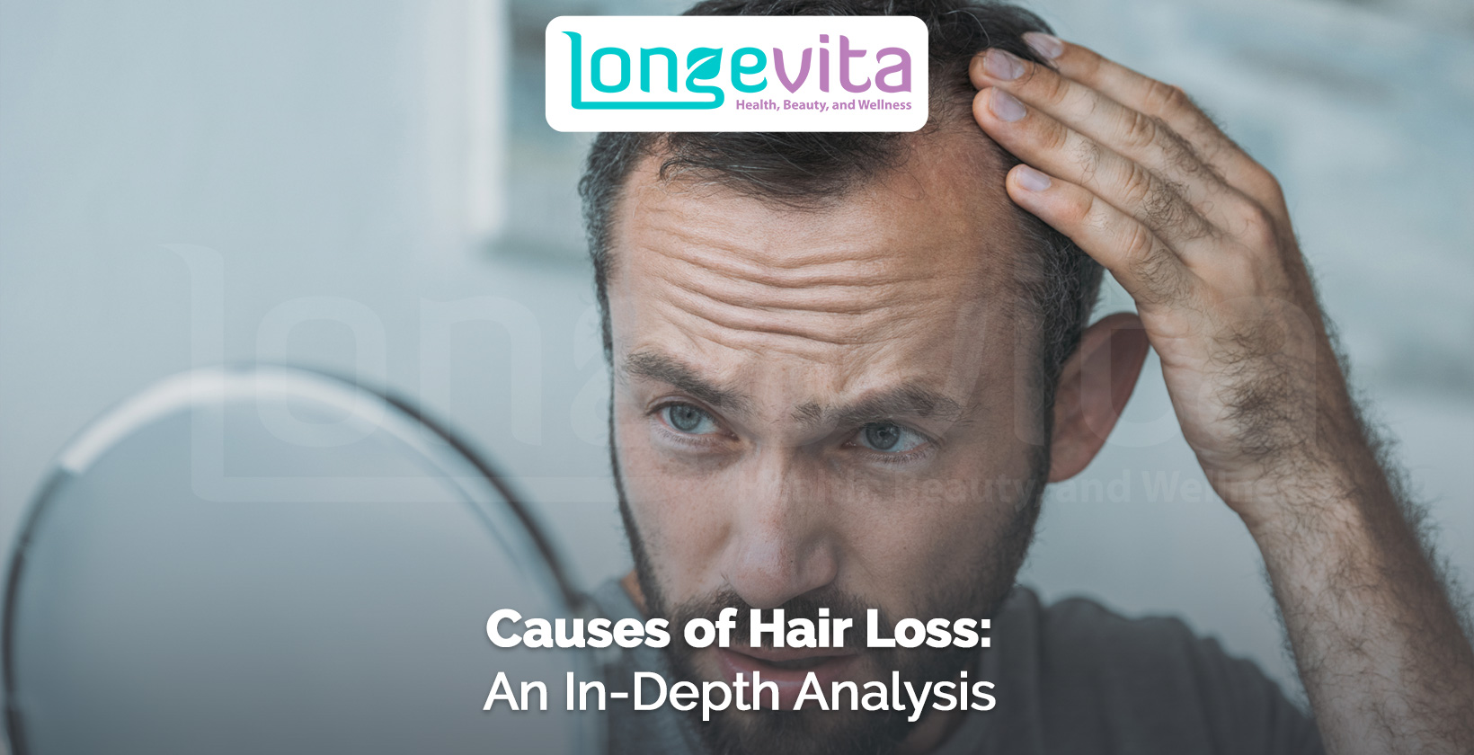 Man examining thinning hairline in front of mirror with worried expression