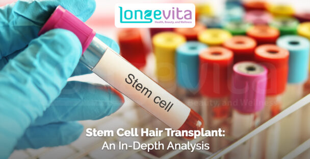 Gloved hand holding a test tube labeled "stem cell" with colourful lab vials in the background