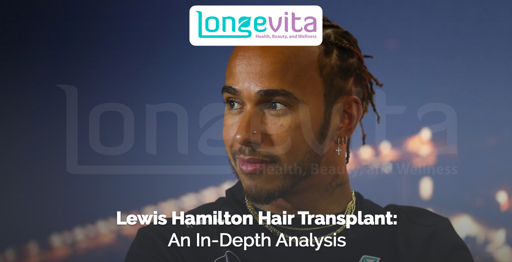 Lewis Hamilton with braided hairstyle and headline about hair transplant analysis