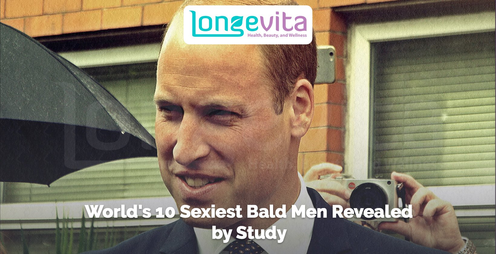 close-up of bald man smiling outdoors with headline about sexiest bald men study