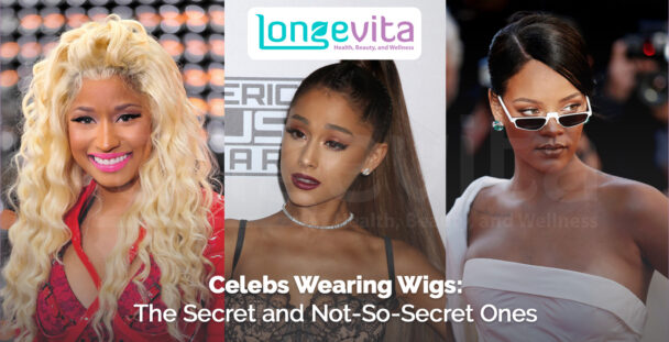 collage of three female celebrities with different hairstyles and text about wigs