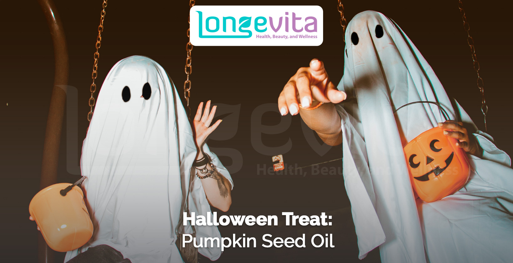 two people in ghost costumes holding pumpkin buckets with text about pumpkin seed oil