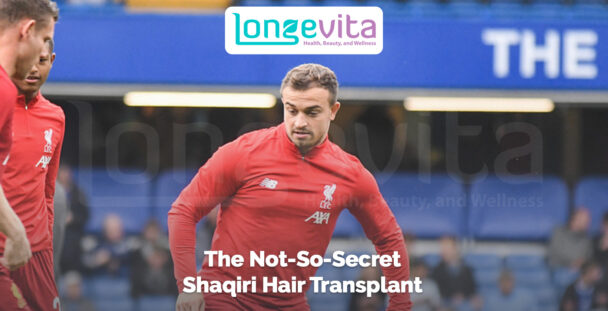 Shaqiri warming up in red football kit with text about his hair transplant