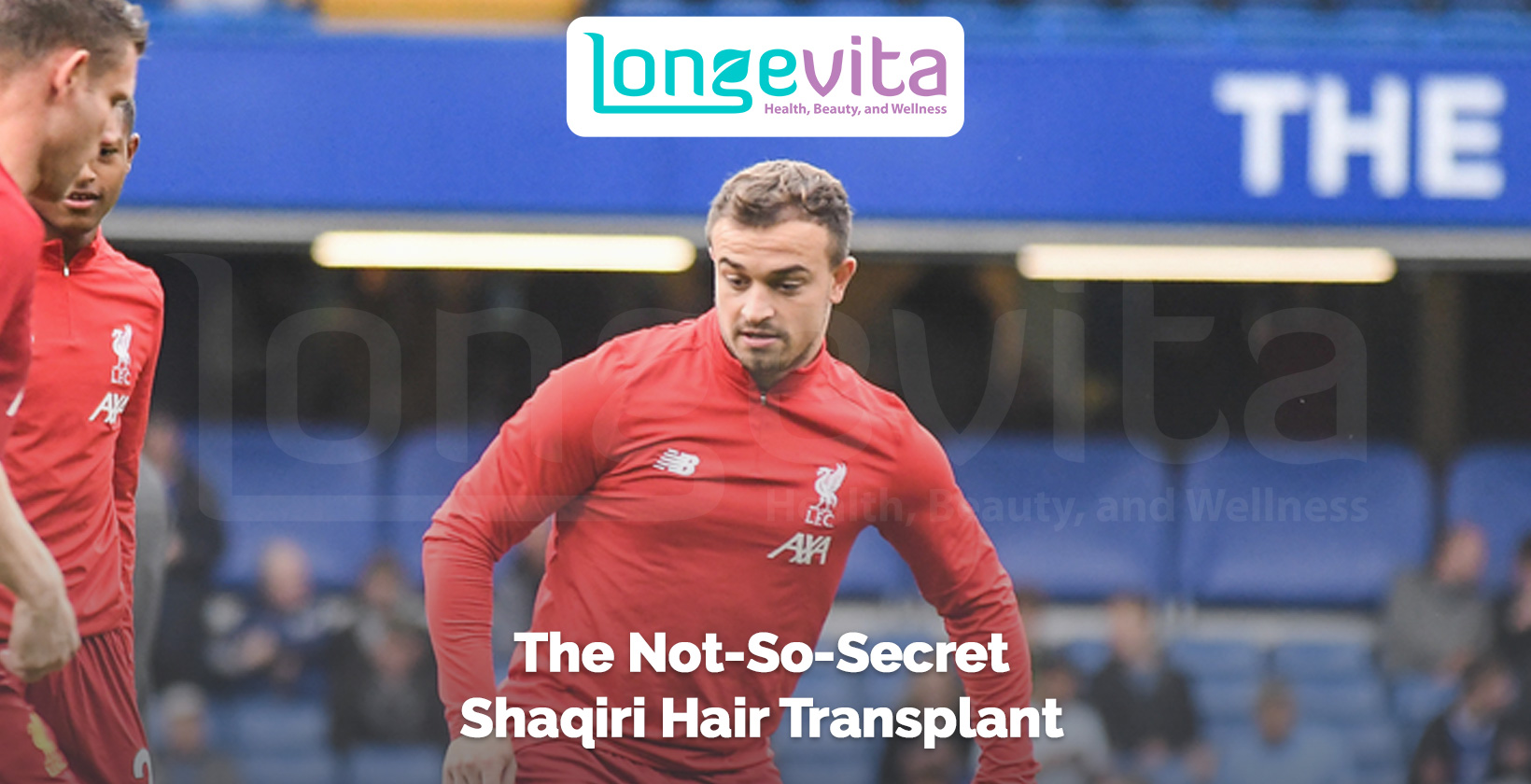 Shaqiri warming up in red football kit with text about his hair transplant