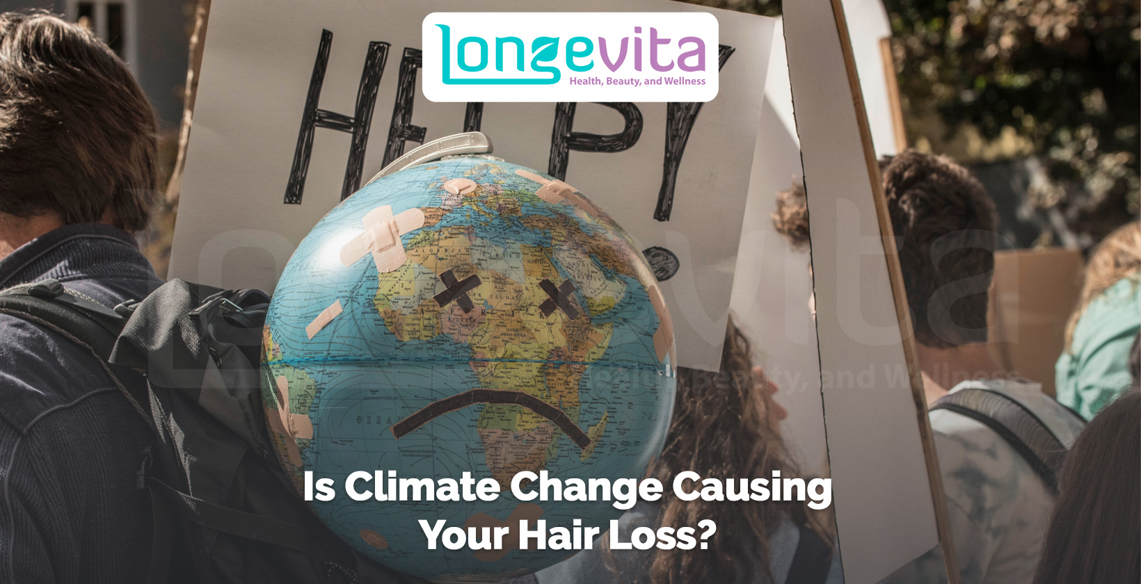 protest scene with globe showing sad face and placards questioning climate change