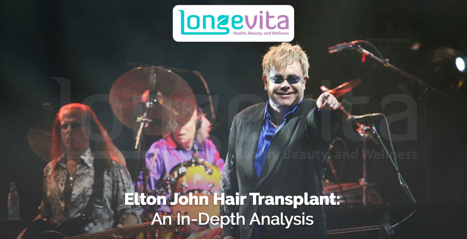 Elton John performing on stage with band, headline about his hair transplant