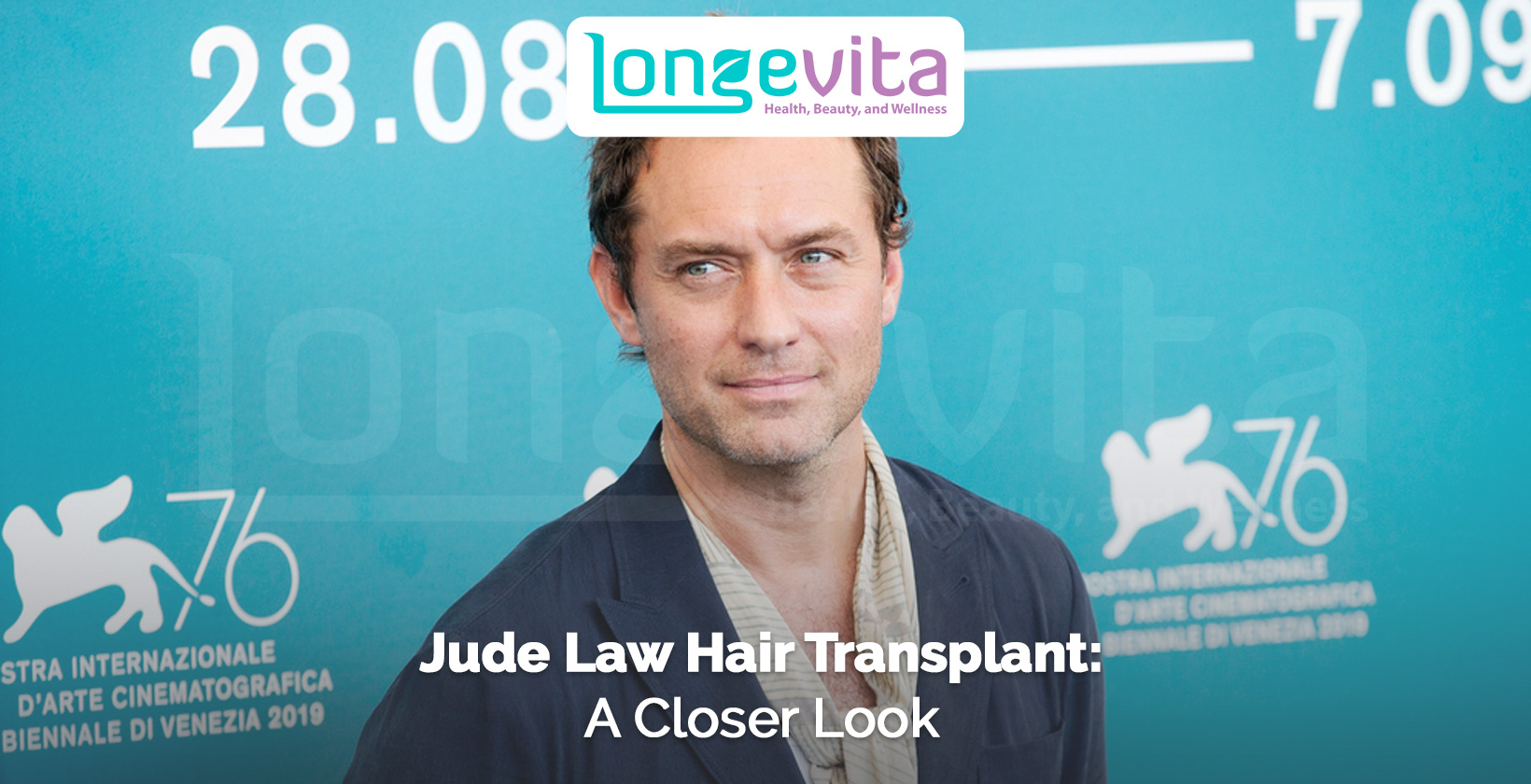 Jude Law posing at Venice Film Festival with headline about hair transplant