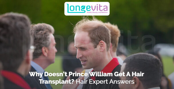 Prince William at outdoor event surrounded by people with headline about hair transplant choice