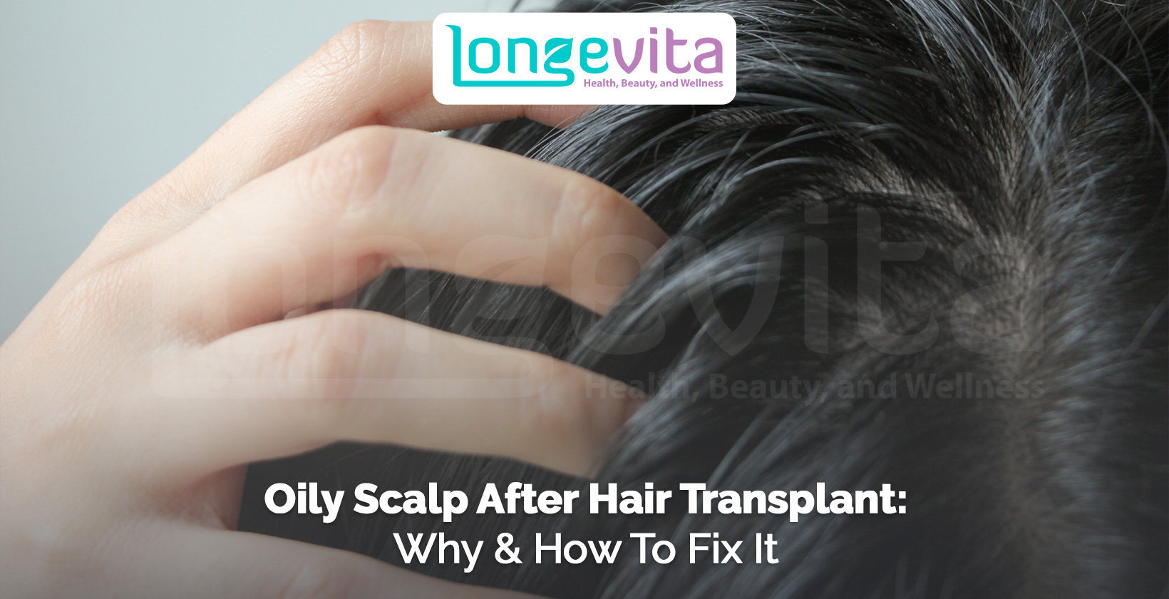 close-up of fingers parting dark hair to reveal an oily scalp after hair transplant