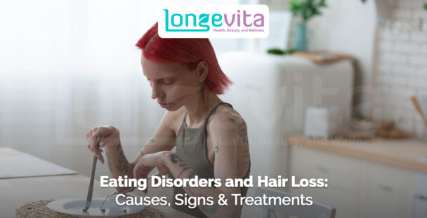 young woman with red hair looking at a small portion of food on her plate with text about eating disorders and hair loss