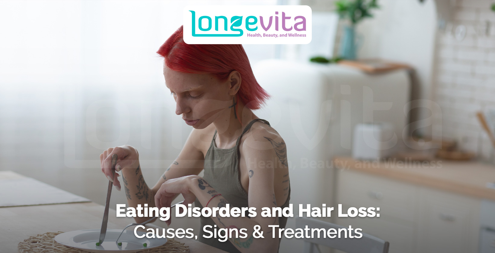 young woman with red hair looking at a small portion of food on her plate with text about eating disorders and hair loss
