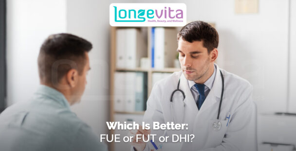 doctor consulting male patient with headline comparing FUE, FUT, and DHI hair transplant methods