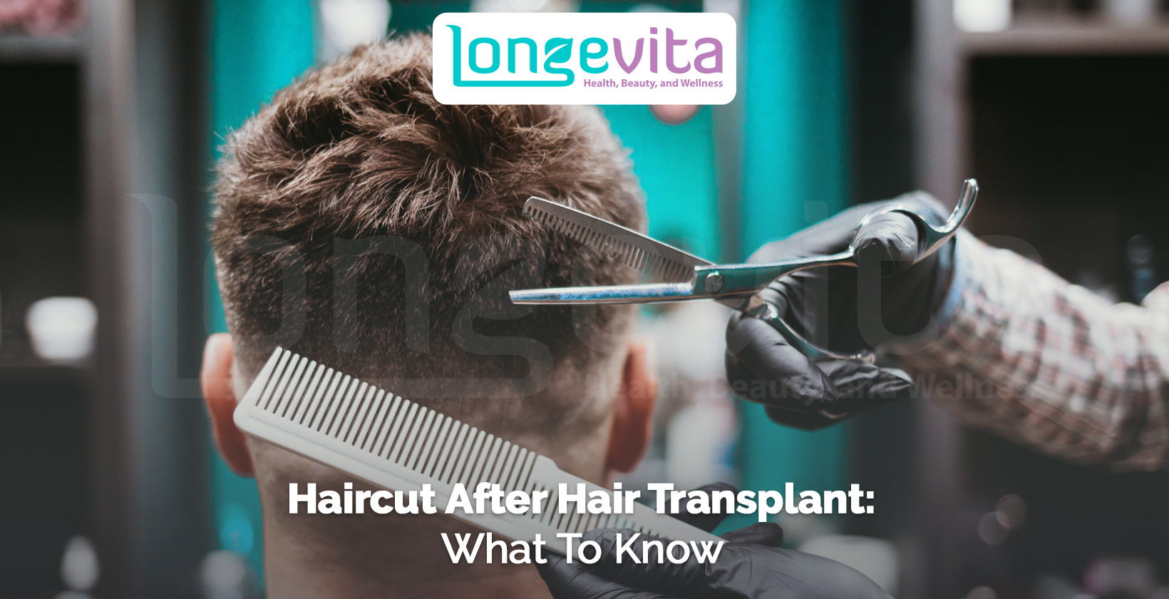 barber cutting man's hair with scissors and comb after hair transplant