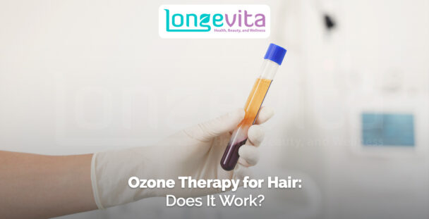 gloved hand holding a test tube with fluid in a clinical setting with text about ozone therapy for hair