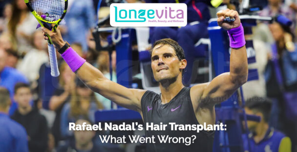 Rafael Nadal celebrating on tennis court with headline questioning hair transplant outcome