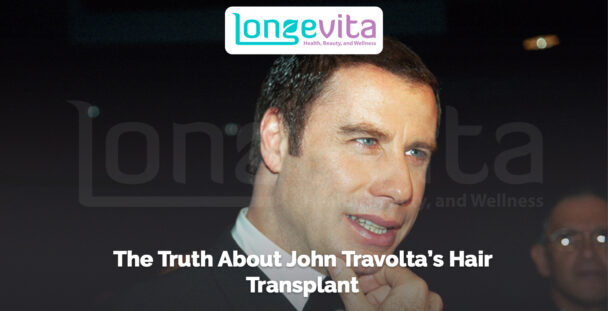 John Travolta speaking at an event with headline about his hair transplant