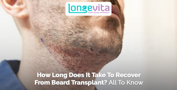 close-up of a man’s jawline showing freshly transplanted beard area with text about recovery