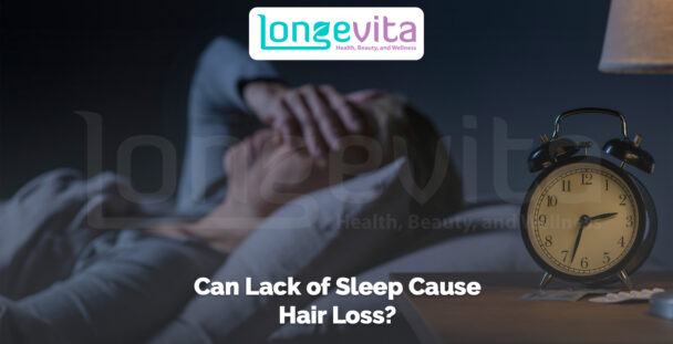 person lying in bed covering face with alarm clock nearby and text about sleep and hair loss