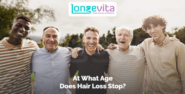 group of smiling men of different ages standing together with text about hair loss and age