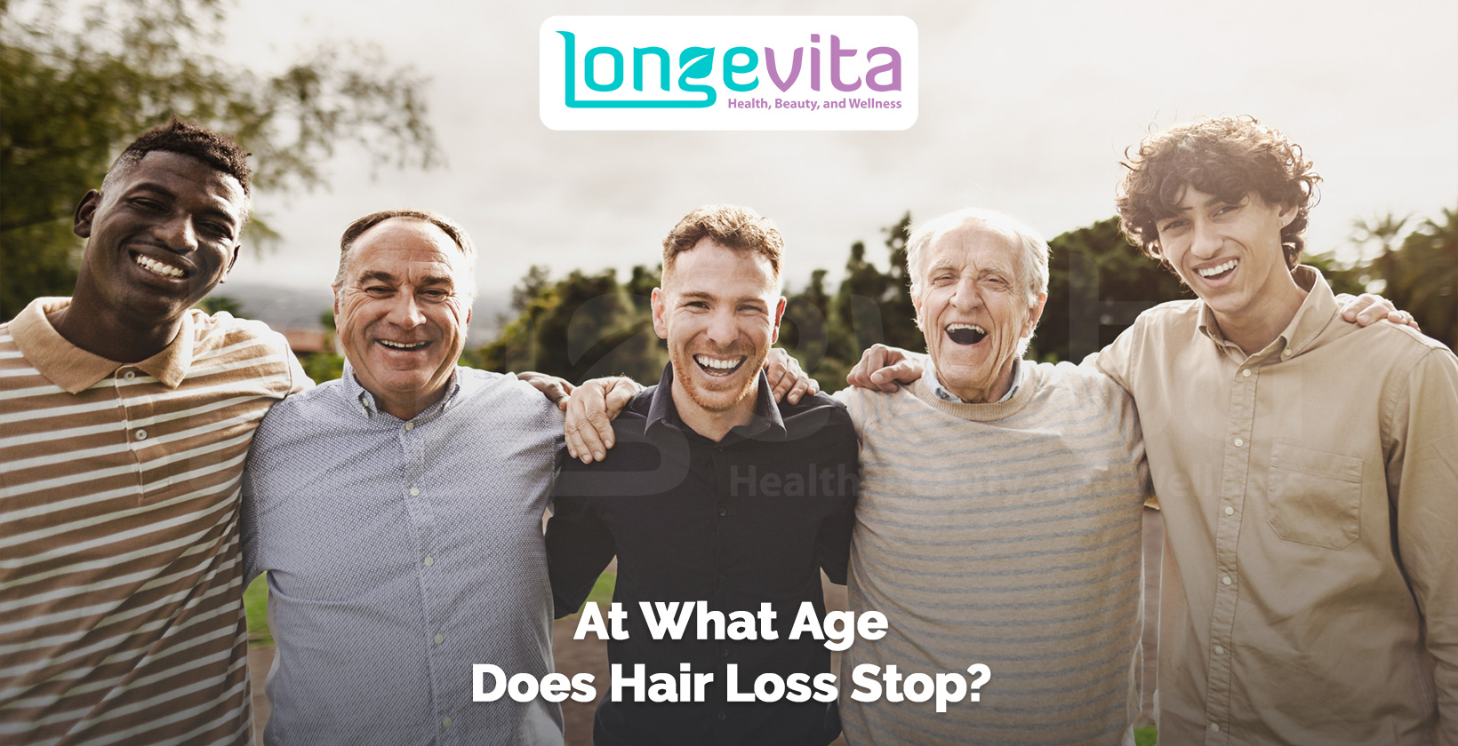 group of smiling men of different ages standing together with text about hair loss and age