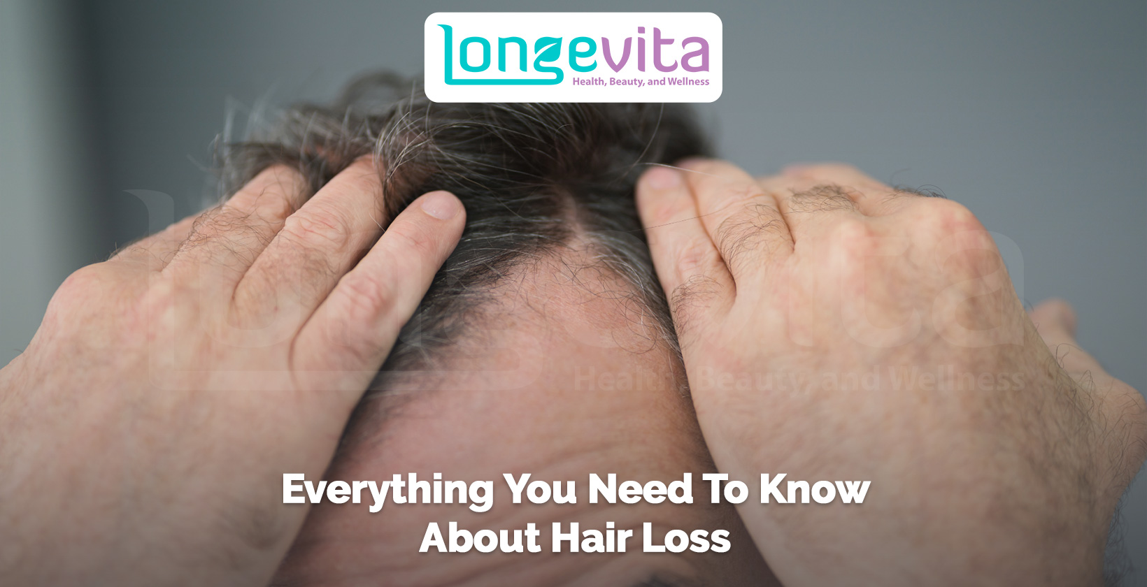 man parting his thinning hair with hands and text about hair loss