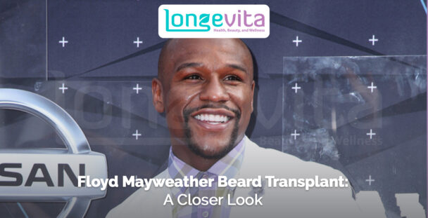 Floyd Mayweather smiling on red carpet with headline about beard transplant