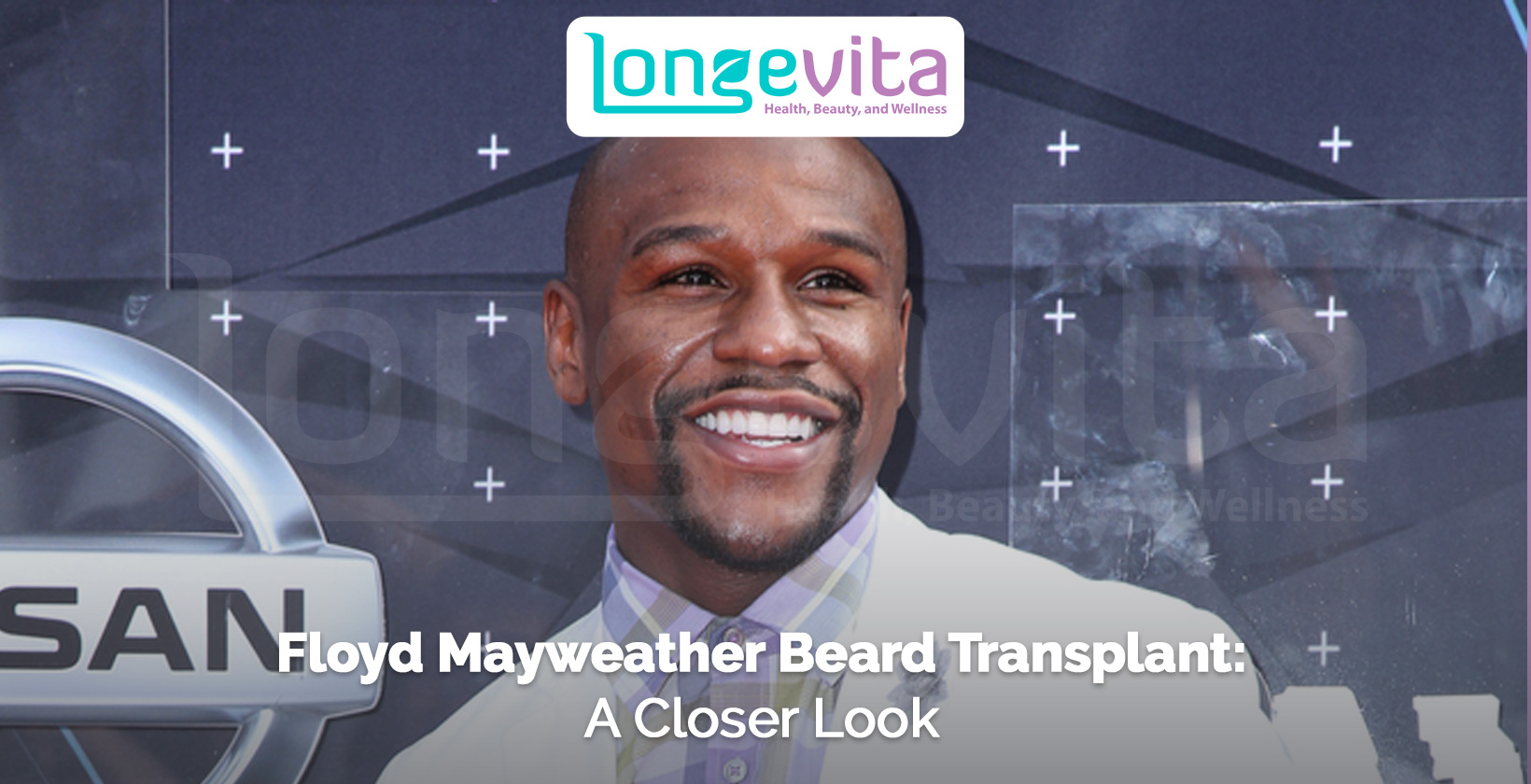 Floyd Mayweather smiling on red carpet with headline about beard transplant
