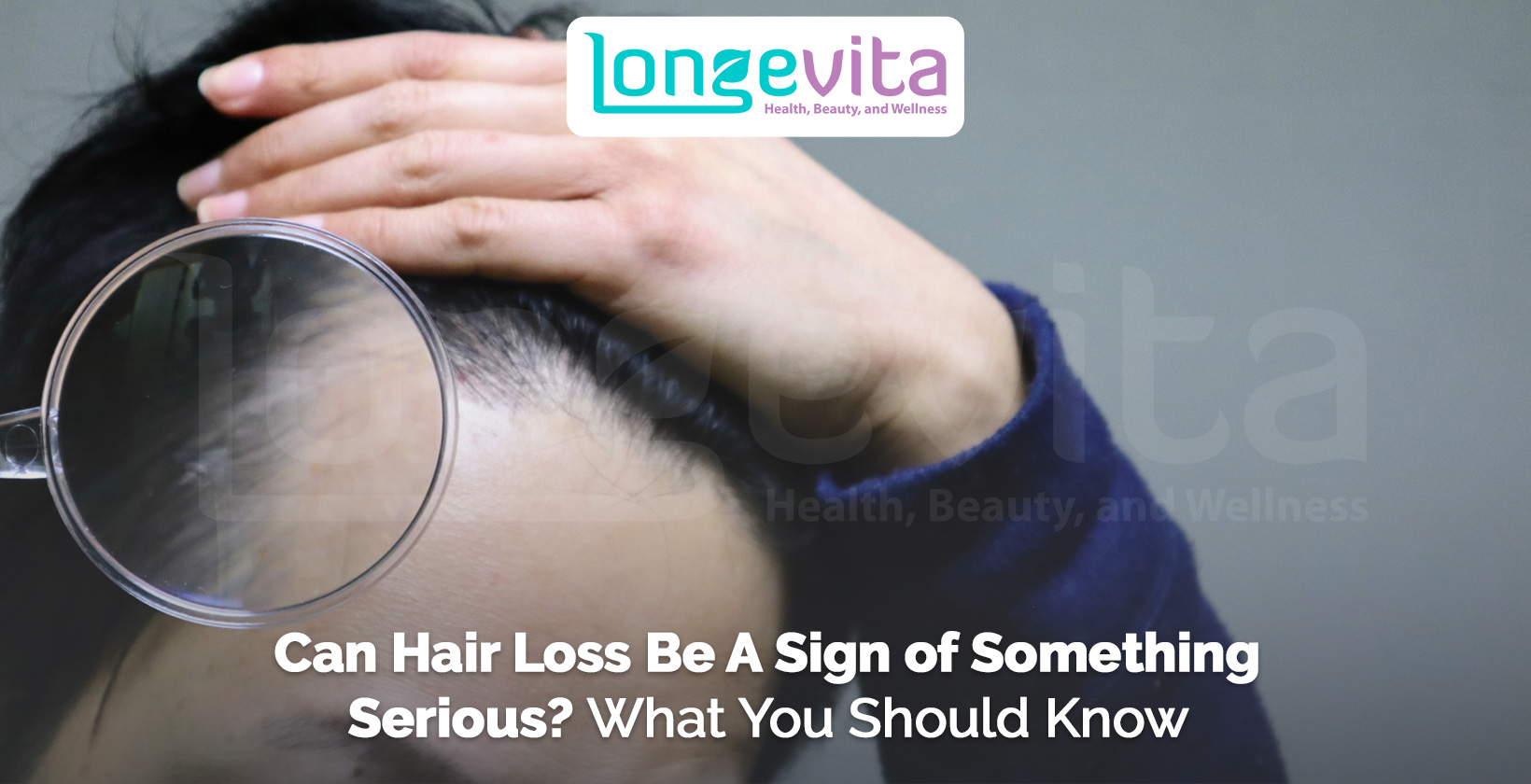 person holding magnifying glass over thinning hairline with text about serious hair loss