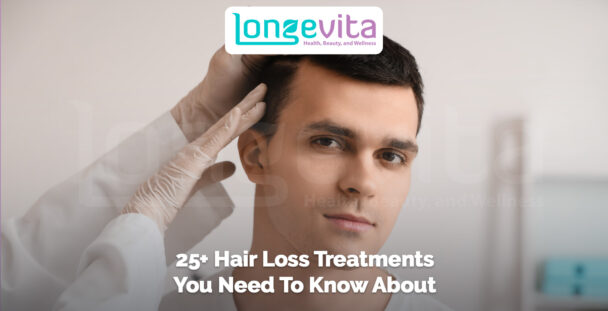 doctor examining a man’s scalp with text about 25 plus hair loss treatments