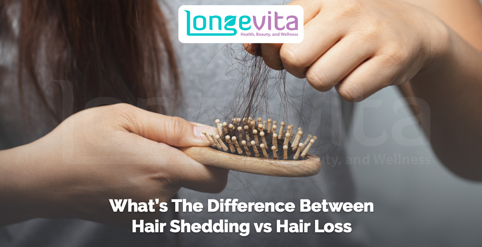 person holding strands of hair pulled from a hairbrush with text about shedding vs hair loss
