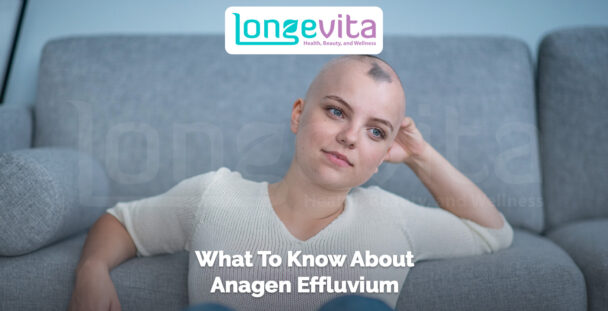 woman with patchy bald scalp sitting on a sofa with text about anagen effluvium