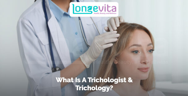 doctor examining a woman’s scalp with text about trichologist and trichology