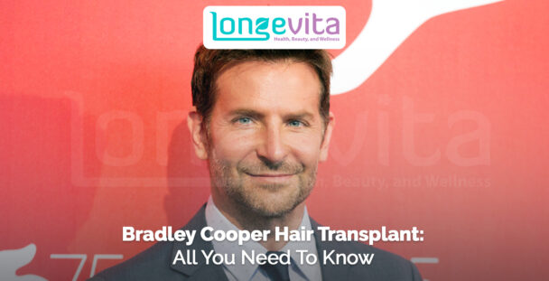 Bradley Cooper smiling in front of red backdrop with headline about hair transplant