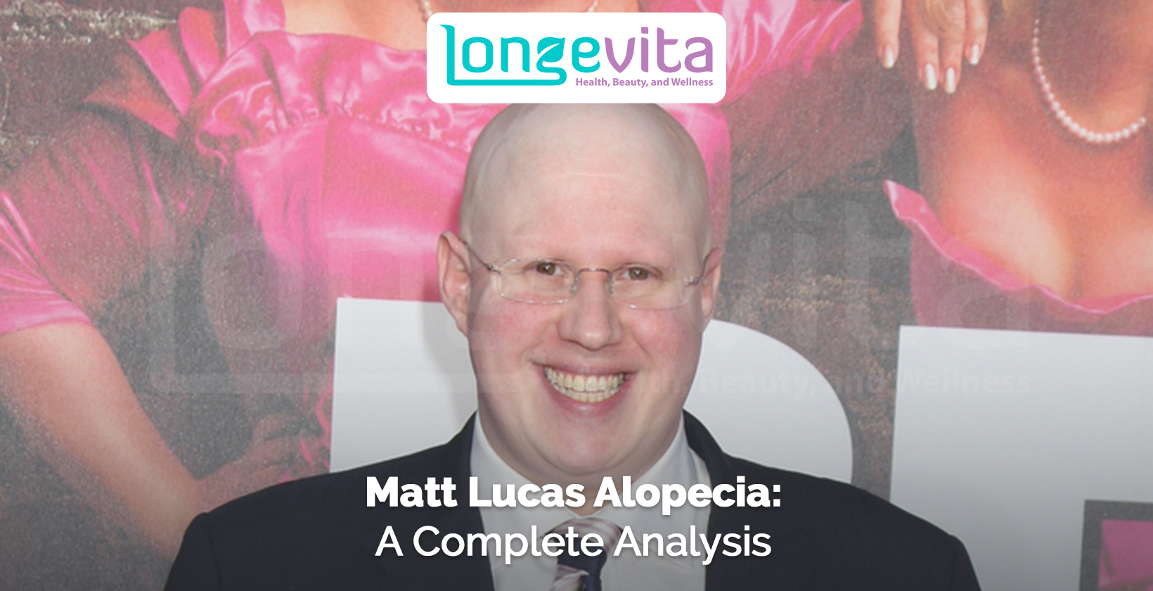 Matt Lucas smiling in front of a film poster with headline about alopecia
