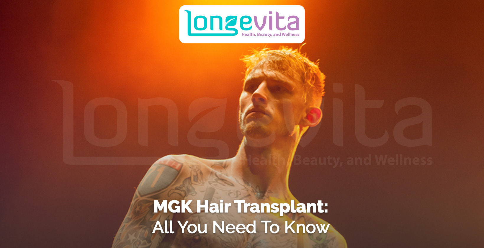 MGK shirtless on stage under orange lighting with text about hair transplant