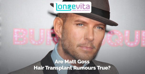close-up of Matt Goss wearing a fedora hat with text about hair transplant rumours