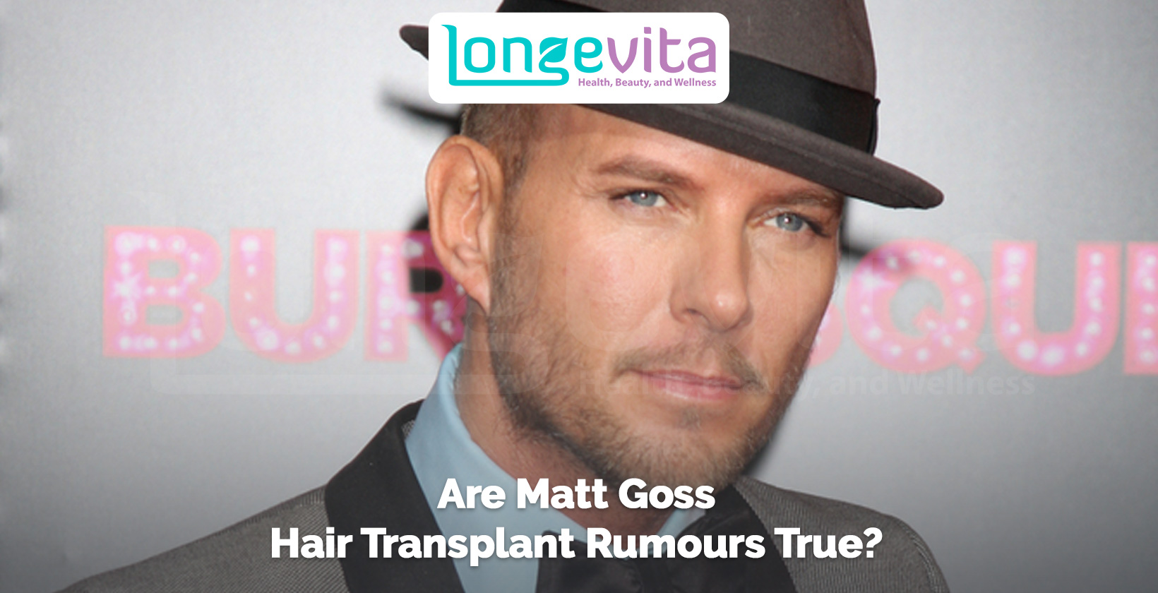 close-up of Matt Goss wearing a fedora hat with text about hair transplant rumours