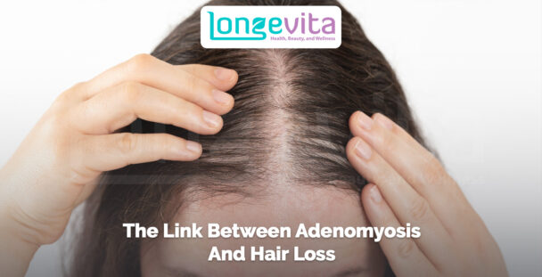 woman parting thinning hair at the crown to show scalp visibility