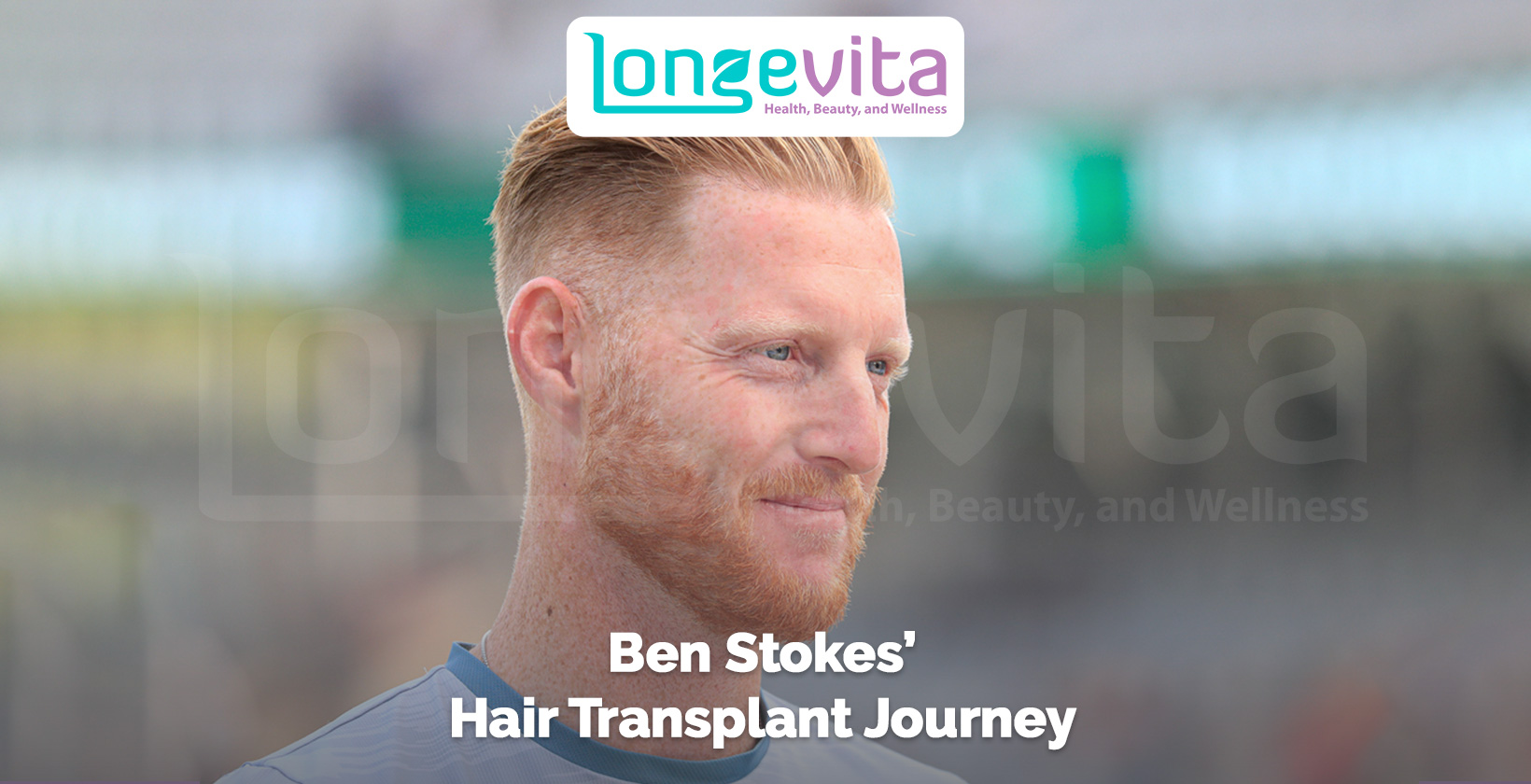 Ben Stokes looking to the side with text about his hair transplant journey