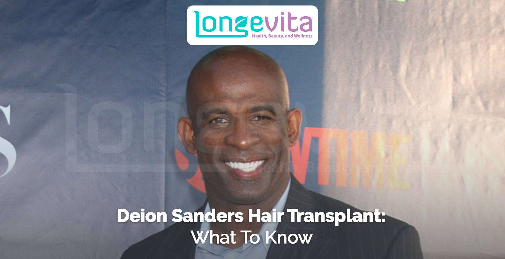Deion Sanders smiling at an event with headline about his hair transplant