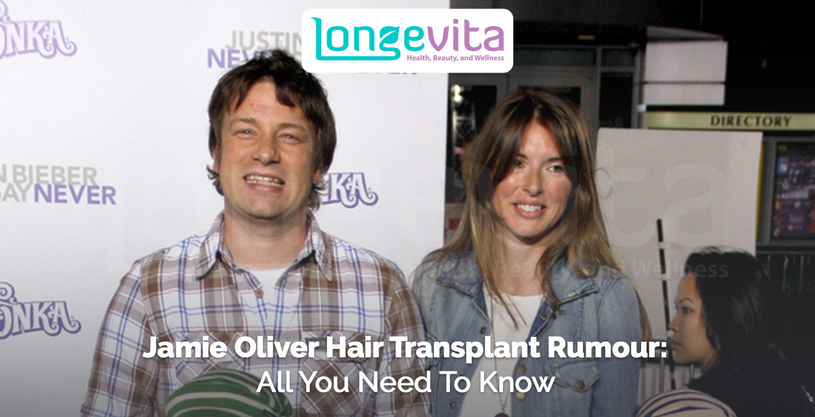 Jamie Oliver standing with a woman, with headline about hair transplant rumours
