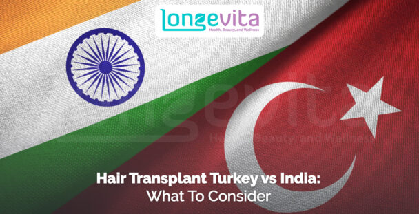 Split image of Indian and Turkish flags with headline about comparing hair transplants in Turkey and India