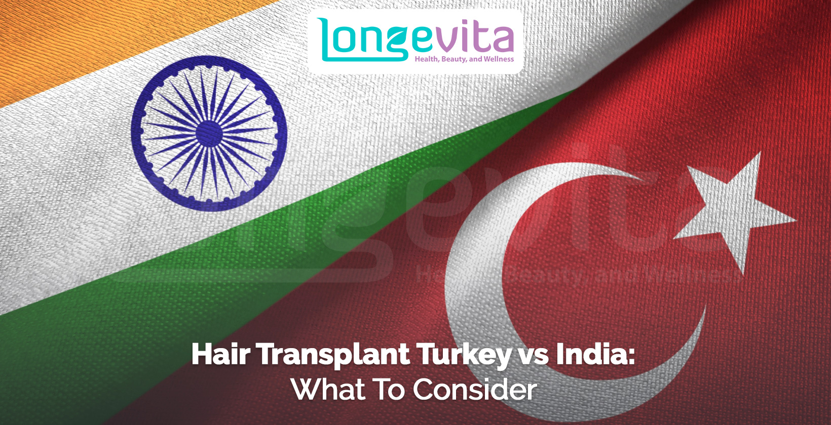 Split image of Indian and Turkish flags with headline about comparing hair transplants in Turkey and India