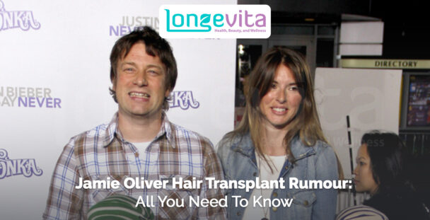 Jamie Oliver standing with a woman, with headline about hair transplant rumours