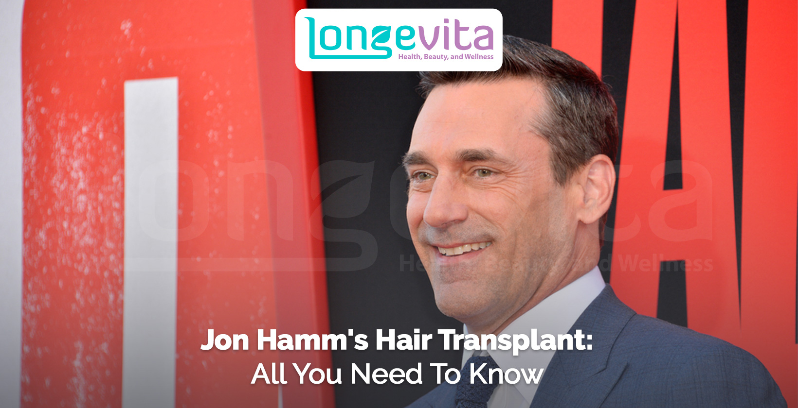 Jon Hamm smiling in a suit with headline about hair transplant rumours