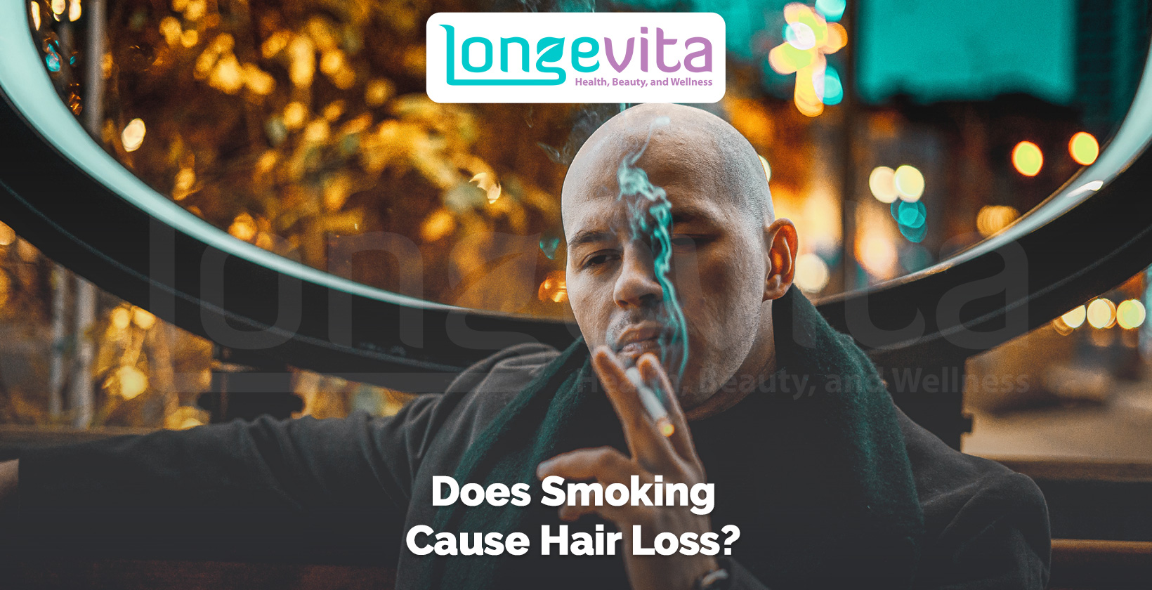 man smoking a cigarette outdoors with visible hair thinning