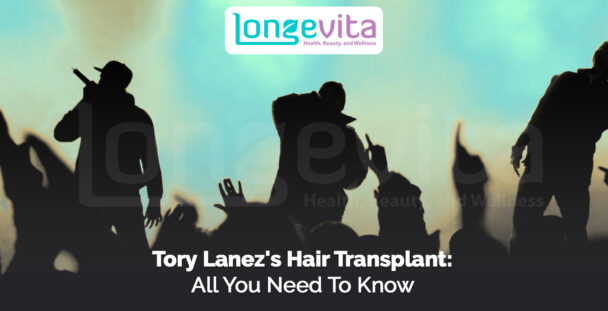 Silhouettes of performers on stage with crowd, headline about Tory Lanez’s hair transplant