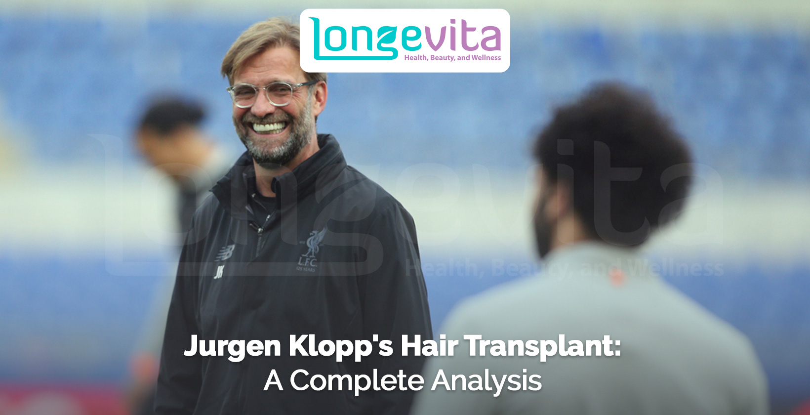 Jurgen Klopp smiling on football field with headline about hair transplant analysis