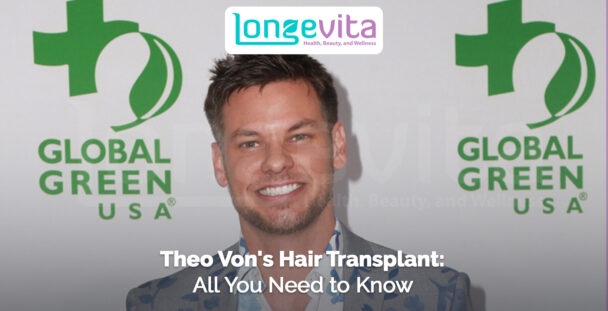 Theo Von smiling at an event with Global Green USA logo in the background and headline about hair transplant