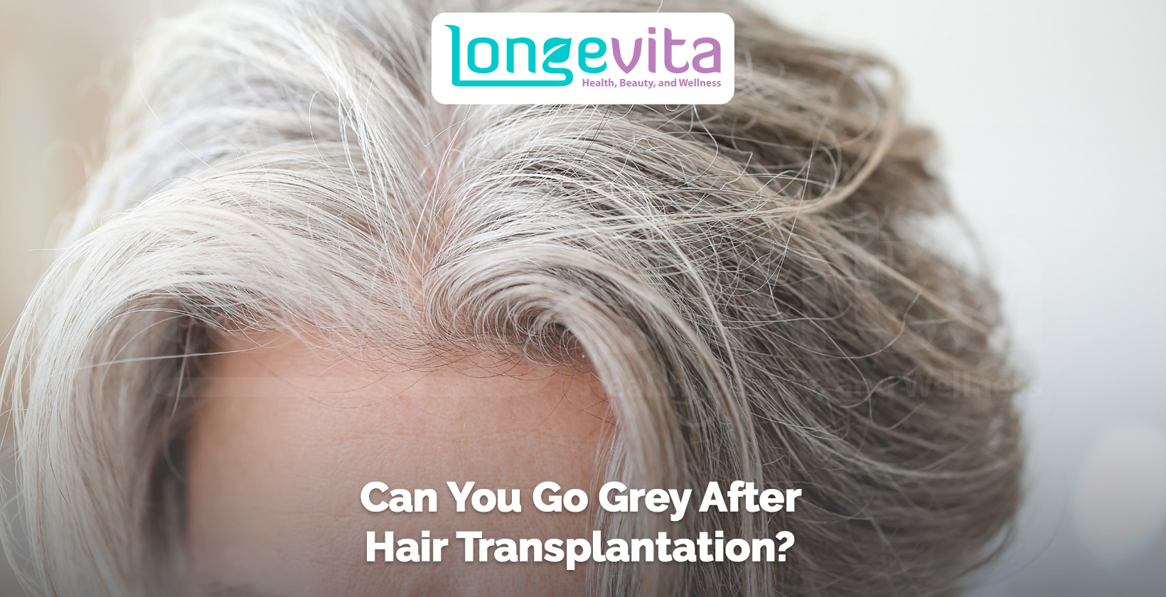 close-up of grey hair roots on scalp with text about hair transplantation